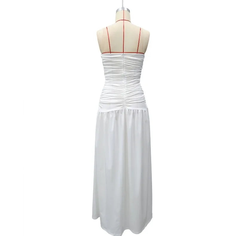 Solid Color Sexy Strapless High Slit Pleated Slim Fit Dress for Birthday Party Dinner Party Graduation Party Dress