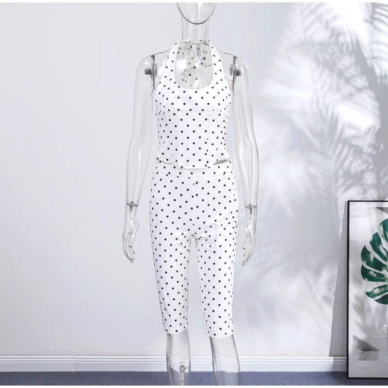 Sexy Polka Dot Two Pieces Pants Set Women Halter Sleeveless Lace Up Corset Top Cropped Pants 2026 Summer New Lady Y2K Outfit