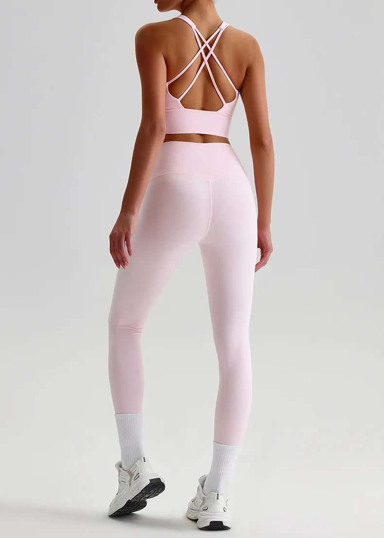 Naked Feel Yoga Set Women Fitness Sportswear 2 Piece Strappy Sports Bra High Waist Gym Leggings Workout Outfit Active Wear