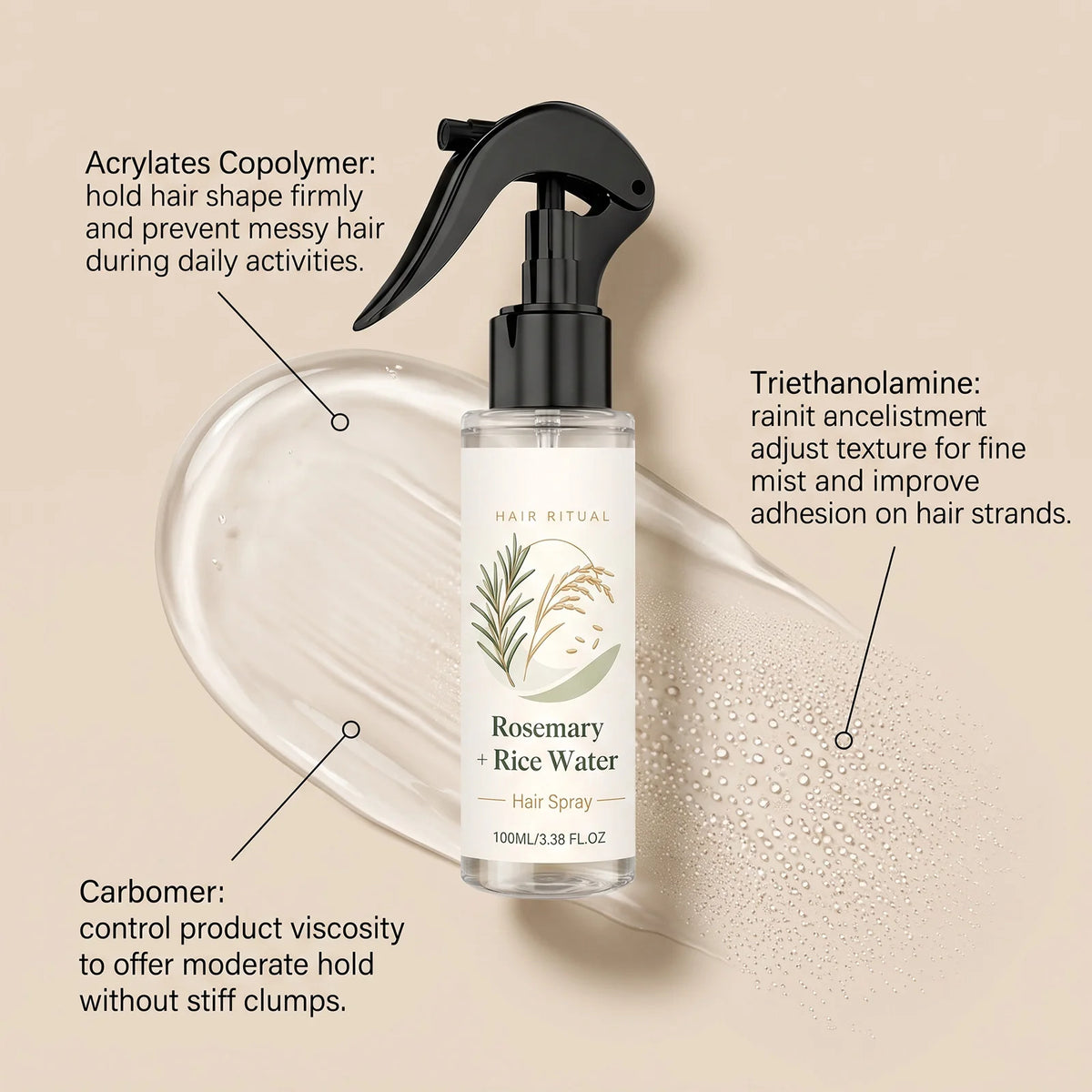 Volumizing Hair Styling Spray Long Lasting Hold Volumizing Texture Enhanced Hair Glossy Setting Spray With Rosemary &Rice Water