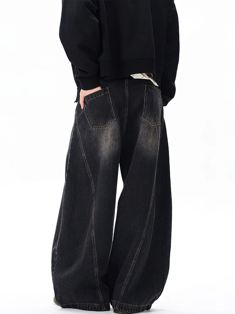 Vintage Black Washed Baggy Jeans Pants Men Wide Leg Curved Blade Pants Streetwear Cowboy Casual Denim Straight Trousers
