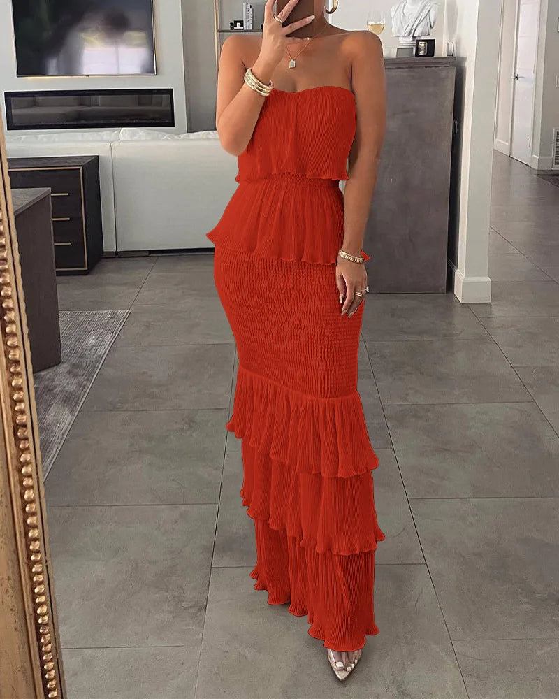 Womens Dresses 2024 Summer Fashion Temperament Solid Color Sexy Bandeau Sleeveless Slim Fit Shirred Ruffle Layered Long Dress