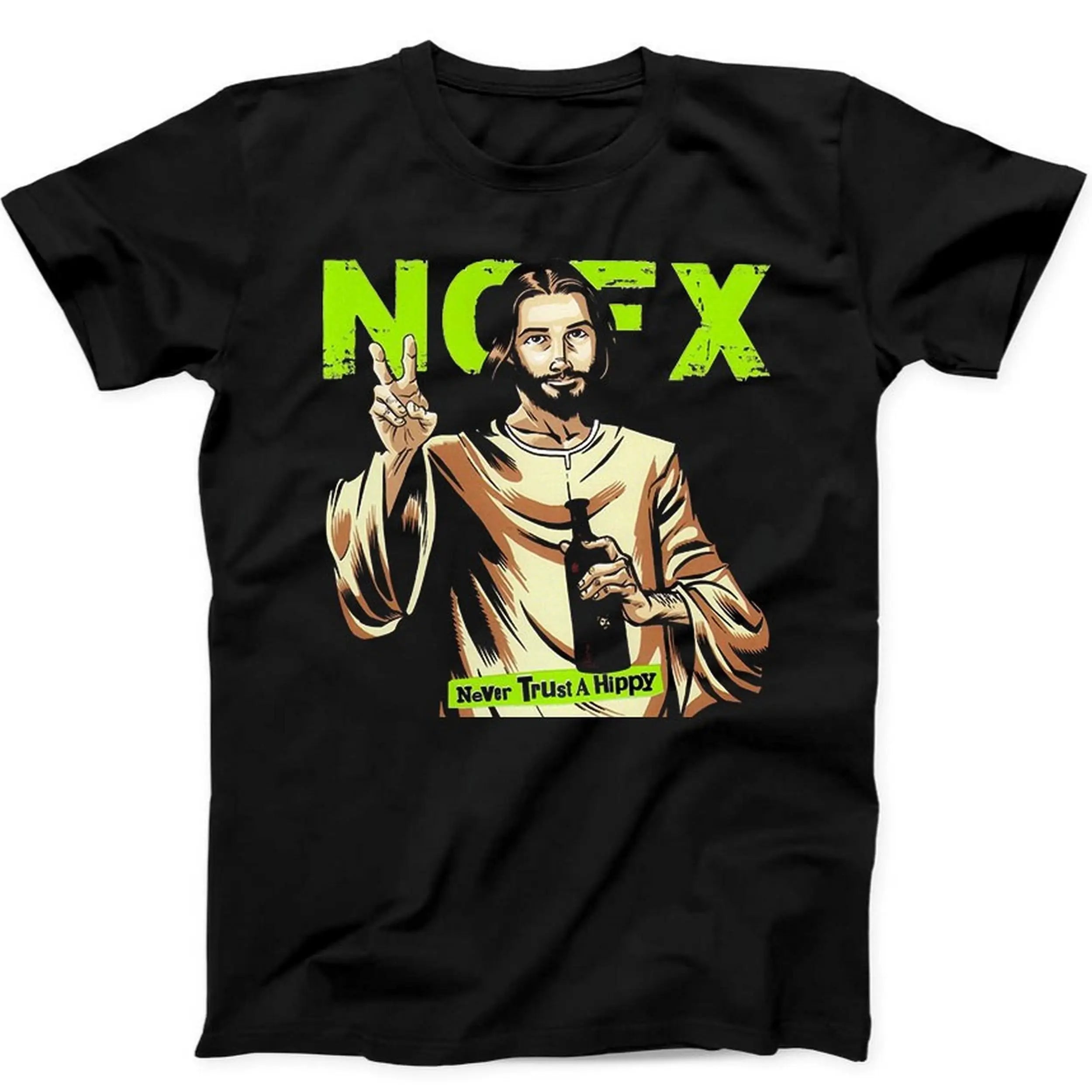 Jesus Never Trust A Hippie NOFX Music Gift Black Tee T Shirt  Summer Men's and Women's Loose and Breathable T-shirt Top