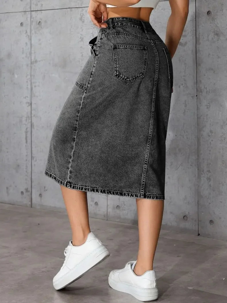 Women High Waist Stretchy Denim Pencil Skirt Midi Length Knee-Length Slit Bodycon Flattering Casual Daily Streetwear