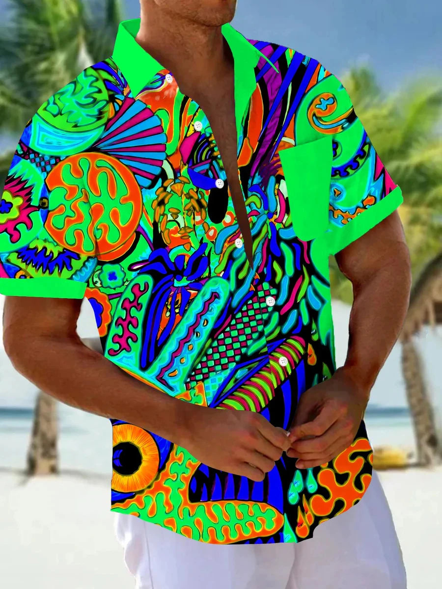 Men's Short Sleeve Shirt Art Painting Abstract Cartoon Print Summer Button Shirt Camping Shirt Short Sleeve Men's Casual Shirt