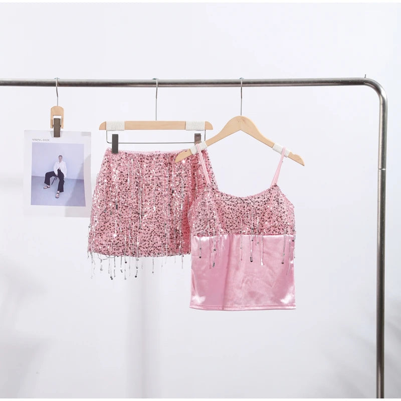 Sexy Tassel Sequins Vest Mini Skirt Women Crop Sling Vests Short Hip Package A-line Skirts 2026 Summer Lady Beach Party Outfits