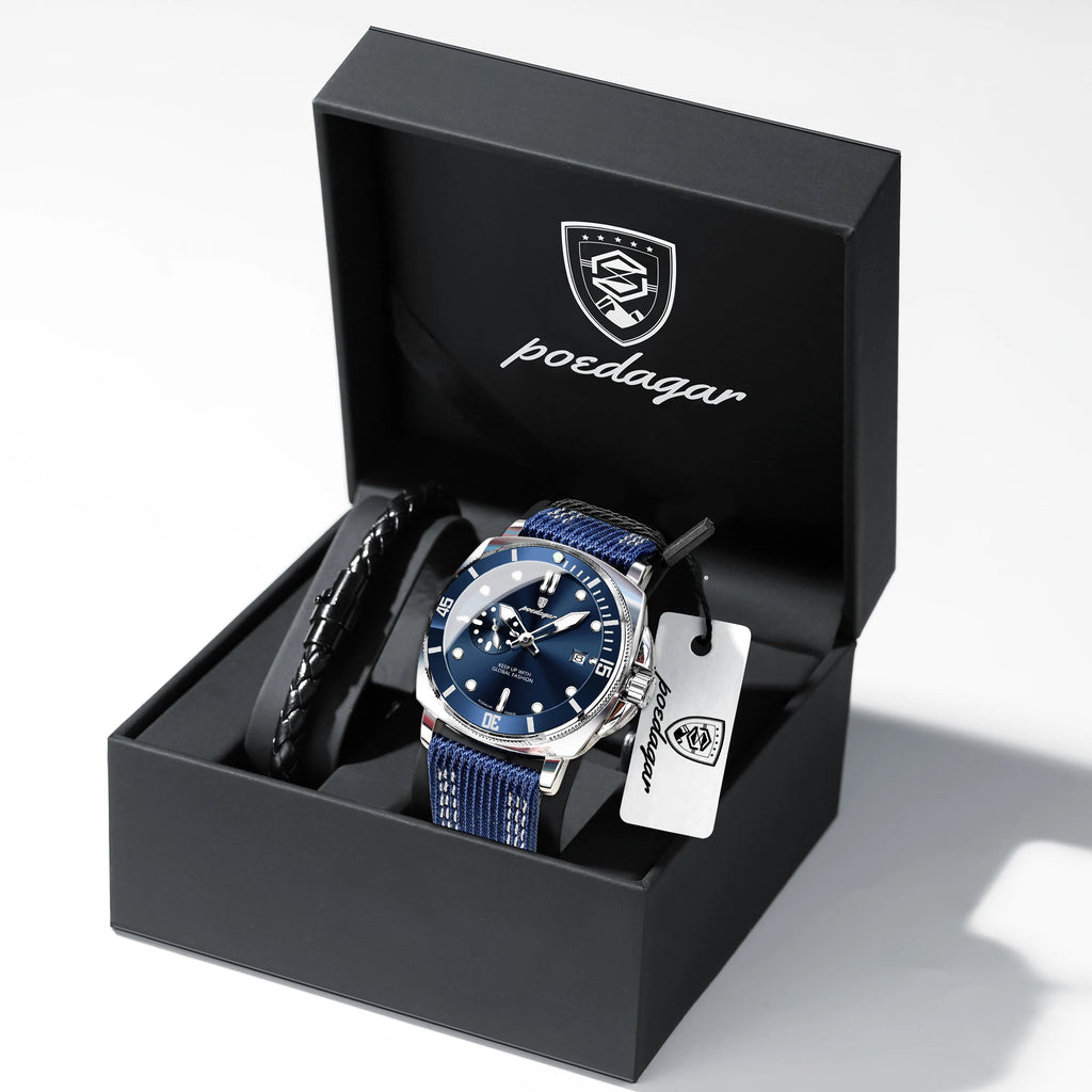 POEDAGAR Sport Military Men Clock Waterproof Luminous Date Top Luxury Watch For Man Nylon Leather Quartz Men's Watches Reloj+Box