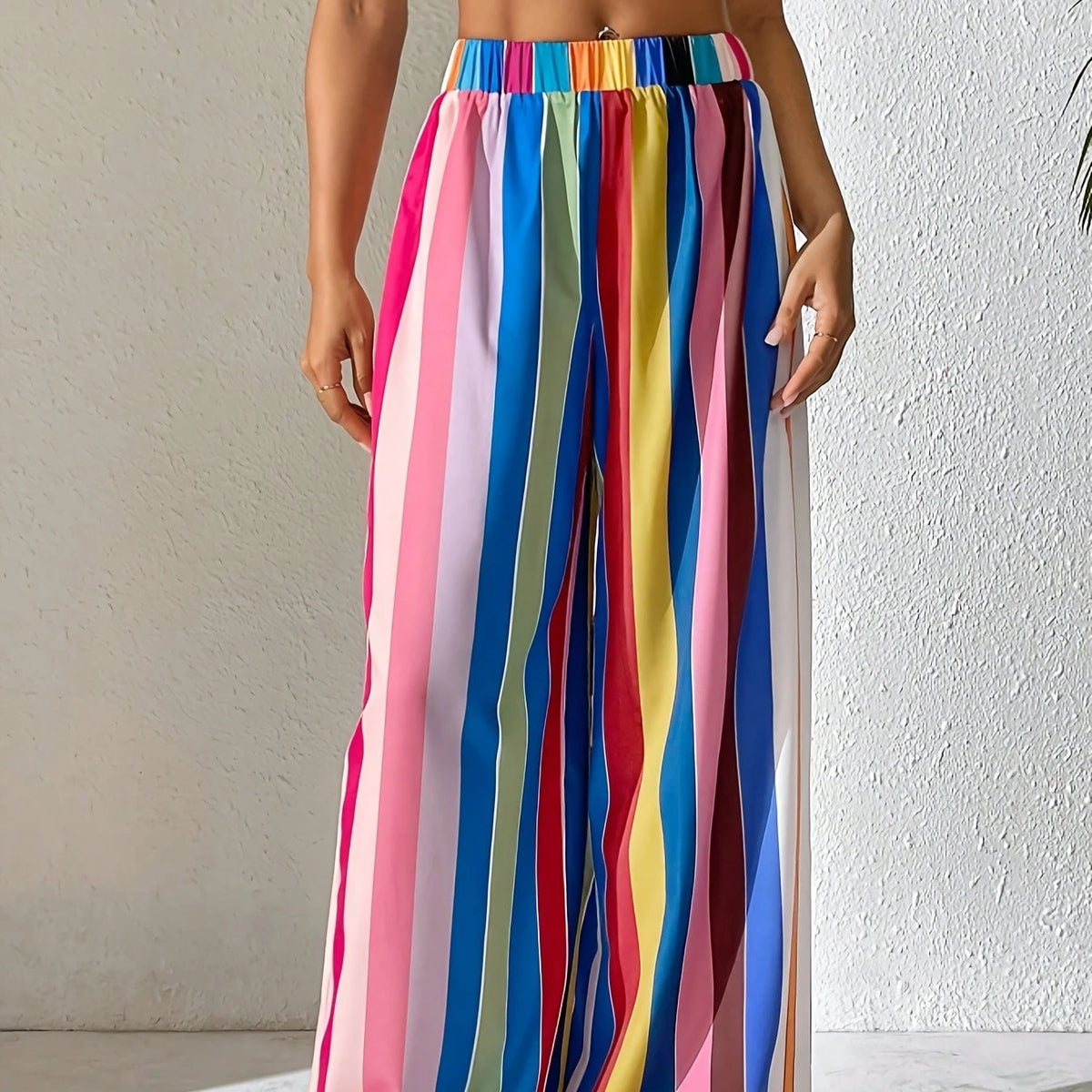 2026 Casual Women's Plus Size Elastic Waisted Colorful Striped Pants, Loose and Comfortable Wide Leg Pants, Long Pants