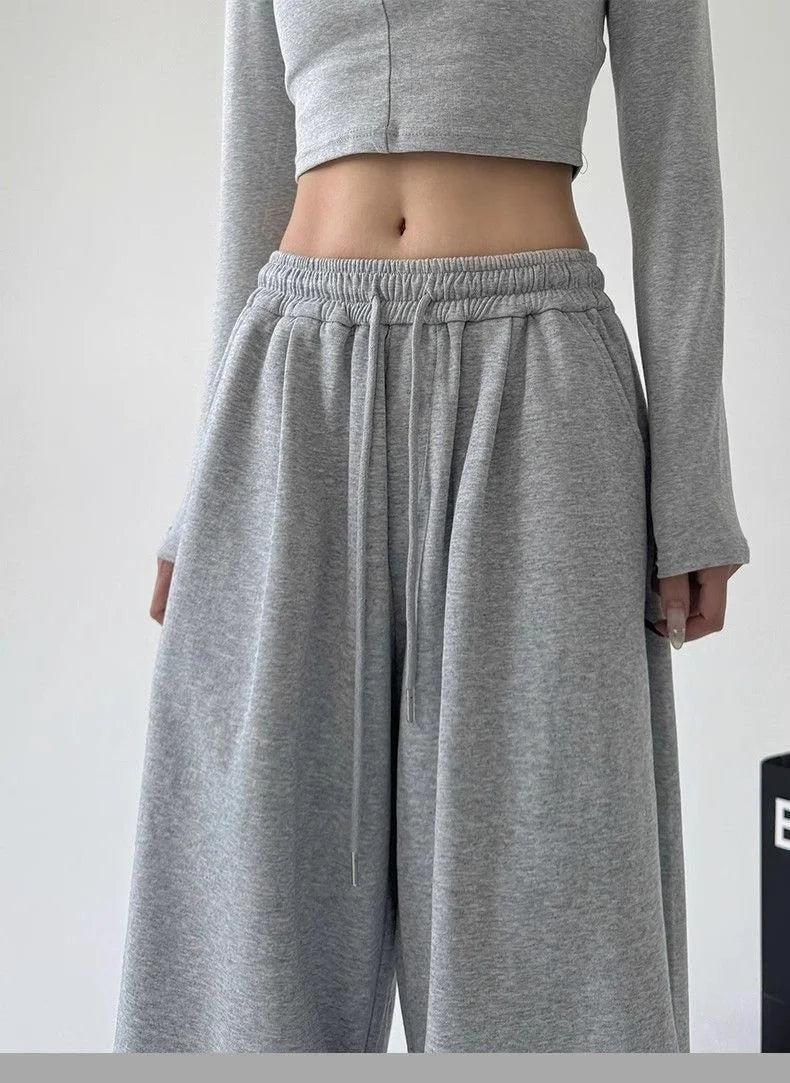 Women's Drawstring Wide Leg Sweatpants Elastic Loose Straight Leg Casual Jogger Trousers with Pockets for Daily Streetwear Pants
