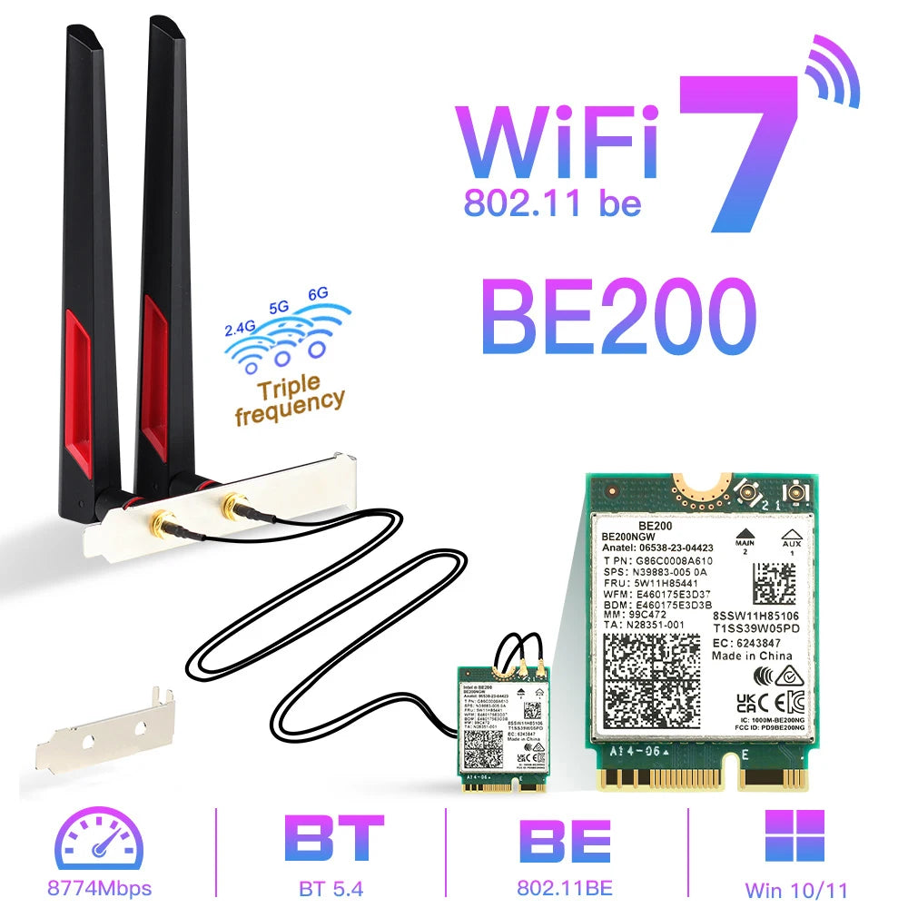WiFi 7 For BE200 Wireless Network Card Bluetooth 5.4 WiFi BE200NGW NGFF Adapter 802.11AX 2.4G/5G/6GHz for Win10/11 PC