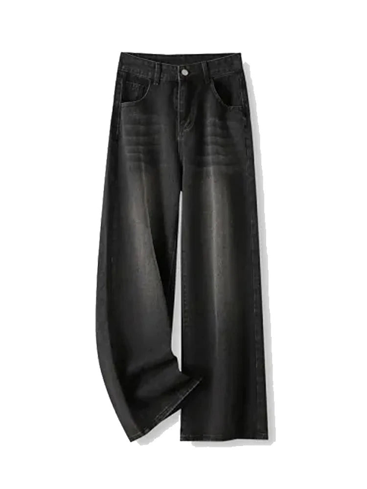 Korean Vintage High Waist Women's Jeans Y2K Slimming Pear-Shaped Loose Straight Bell Bottoms Black Gray Baggy Denim Trousers