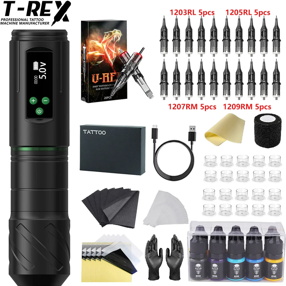 Kiss of Dragon Tattoo Kit Wireless Tattoo Machine Pen Kit 3.5mm Stroke Custom Motor 1600mAh LCD Screen Battery Complete Kit