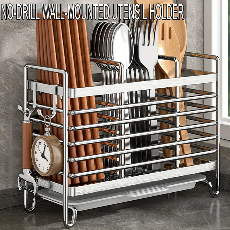 No-Drill Wall-Mounted Utensil Holder Stainless Steel Space-Saving Organizer For Kitchen Cutlery Ideal For Small Spaces