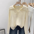 Polo Collar Knit Sweater Women Pullovers Casual Button Front Long Sleeve Rib-knit Jumper Chic Knitwear Trend Autumn Winter Tops