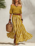 Women Multiple Colors Off Shoulder Puff Sleeve Top Vertical Stripe Flowy Maxi Skirt 2 Piece Outfit Loose Casual Vacation Set
