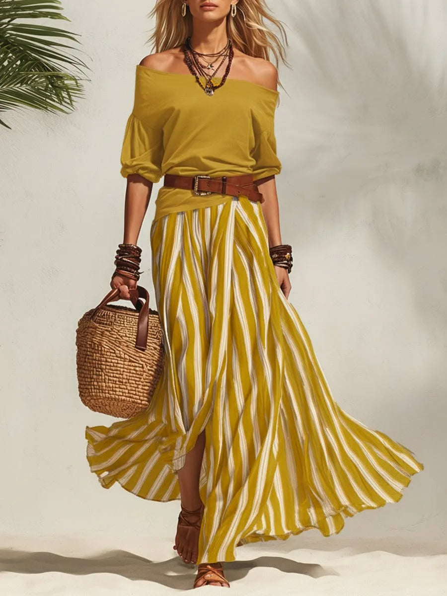 Women Multiple Colors Off Shoulder Puff Sleeve Top Vertical Stripe Flowy Maxi Skirt 2 Piece Outfit Loose Casual Vacation Set