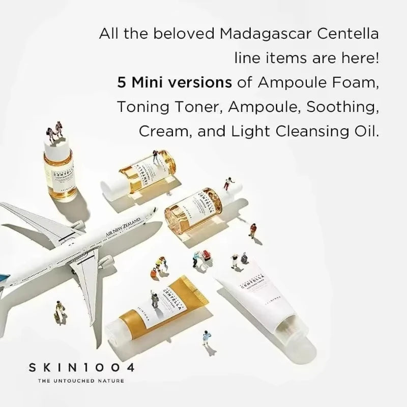 5Pcs Korea SkinCare Centella Travel Kit Set Cleansing Oil Toner Foam Ampoule Cream Cica Non-Sticky Soothe Redness Repair Skin