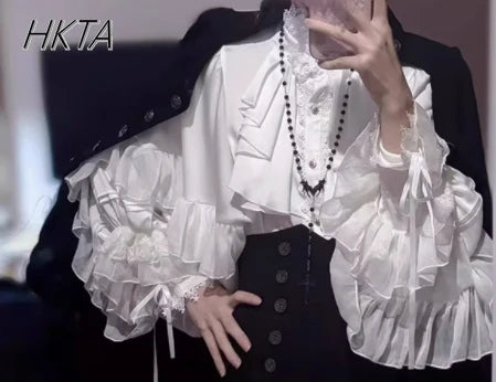Gothic Style Silver Shirt Spring and Autumn New Bat Sleeve Loose Long Sleeve Shirts Lolita Court Style Women's Camisas Top Y2k