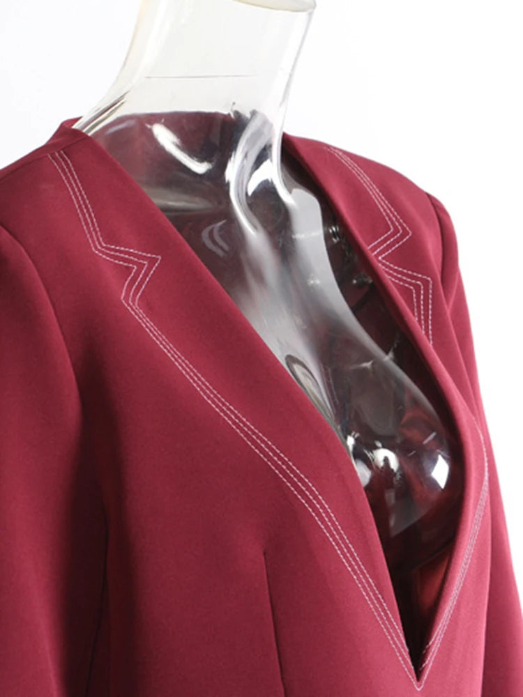 [EAM] Women Wine Red Topstitched Big Size Elegant Blazer New V-neck Long Sleeve Jacket Fashion Tide Spring Autumn 2026 1DH7919