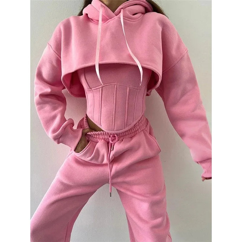 Y2K Sexy Sportswear Women's 3 Piece Set Long Sleeved Hooded Cardigan+slim Fit Strapless Vest+straight Leg Wide Pants