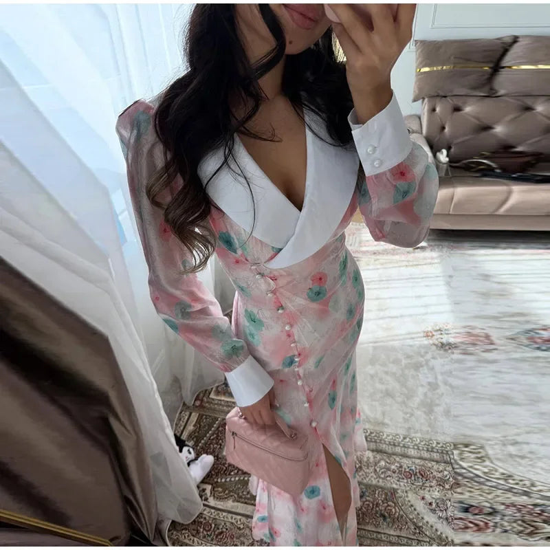 Elegant Printed V-Neck Contrast Dress Women's Side Single Breasted Lace Up Maxi Dresses 2026 Summer New Ladies Chic Party Gown