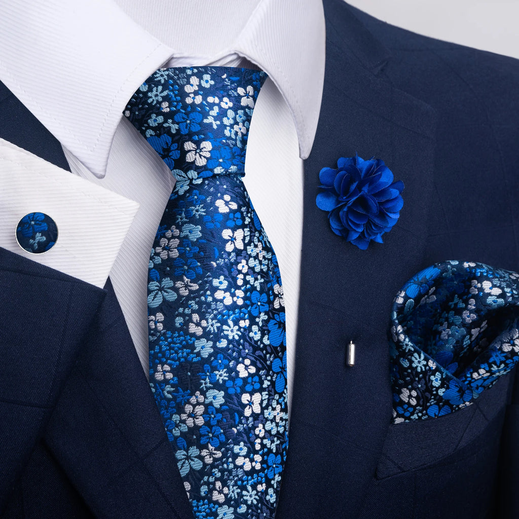 Hot Sale Luxury 8 Cm Blue Floral Ties Pocket Square Cufflinks Brooch Set For Man Suit Accessories Holiday Gift Fit Formal Party