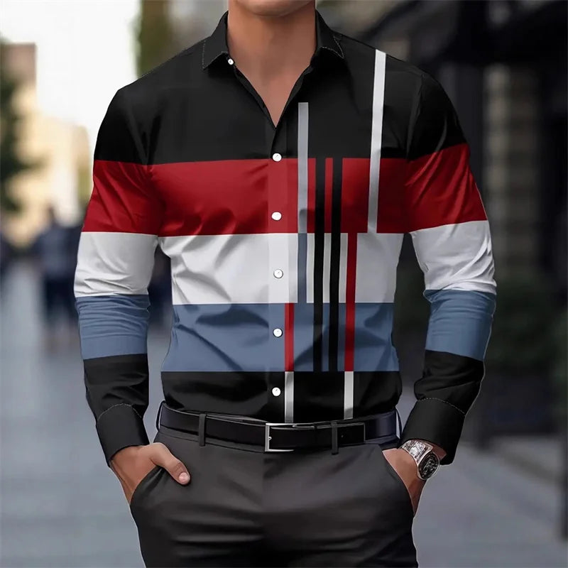 Men's color-blocked striped patchwork long-sleeved shirt, unique geometric pattern slim fit shirt, stylish men's top, XS-6XL.