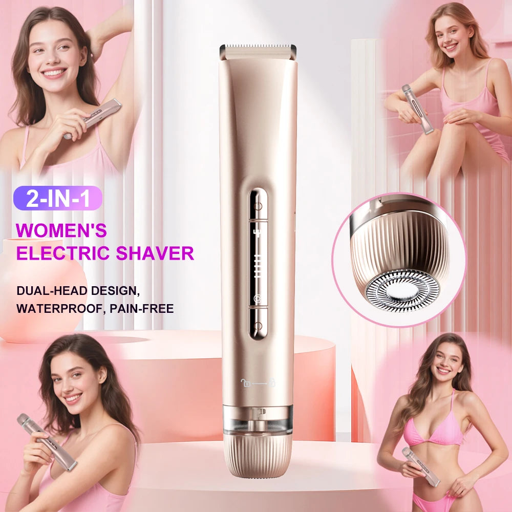 Electric Hair Trimmer 2-in-1 USB Rechargeable Waterproof for Women & Men Bikini Nose Eyebrows Trimming with Dual Heads