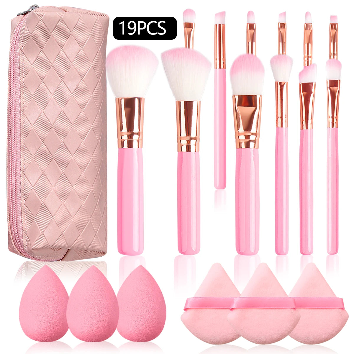 19PCS Set of 12 Beginner Makeup Brushes +3Pcs Non-Powder Makeup Eggs +3Pcs Triangular Powder Puff +1Pcs Storage Bag