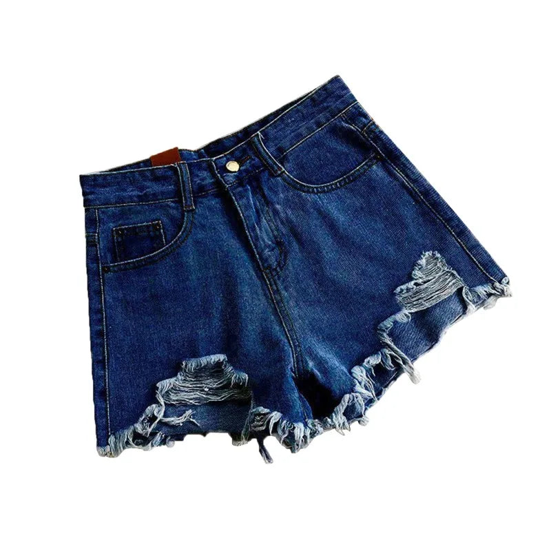 Women High Waist Ripped Denim Shorts Korean Y2K Streetwear Tassel Pocket Summer Casual Blue Jeans Pants Fashion Street Trousers