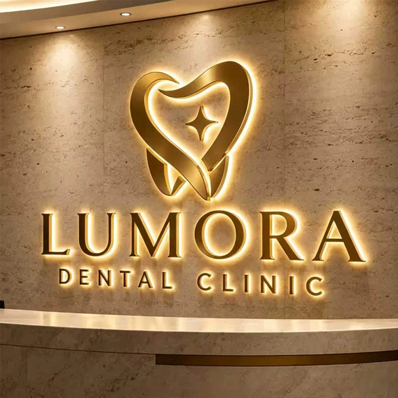 Custom LED Sign Gold Metal Logo Illuminated Letters Business Store Large Logo Signage for Office Dental Beauty Brand Name