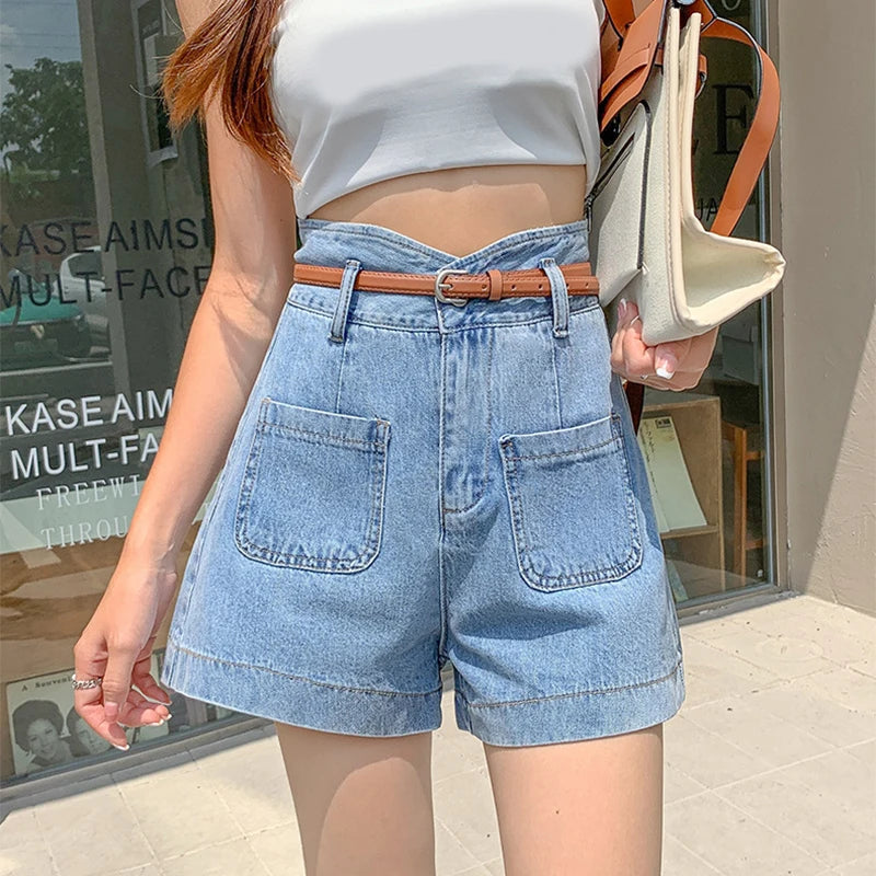 Retro Bandage Designed Women Jean Shorts Summer New High Waist Slim Pockets Wide Leg Denim Shorts Simple Versatile A-Line Shorts