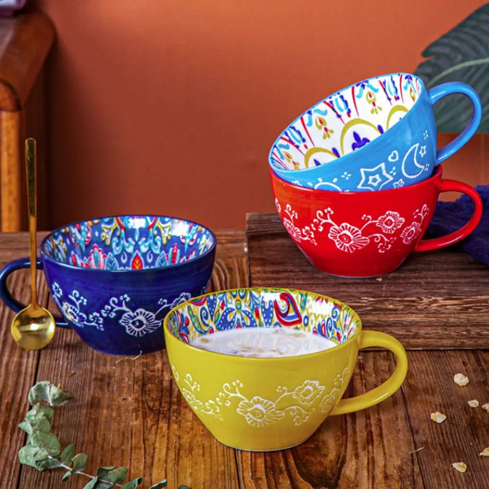Creative Ceramic Bohemian Breakfast Cup Retro Flower Pattern Coffee Mug Microwaveable Large Capacity Milk Cup Friend Gift
