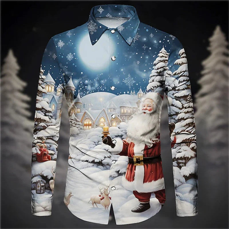 Christmas men's Santa Claus print shirt daily wear for going out autumn and winter lapel long sleeve navy blue, blue, sky blue