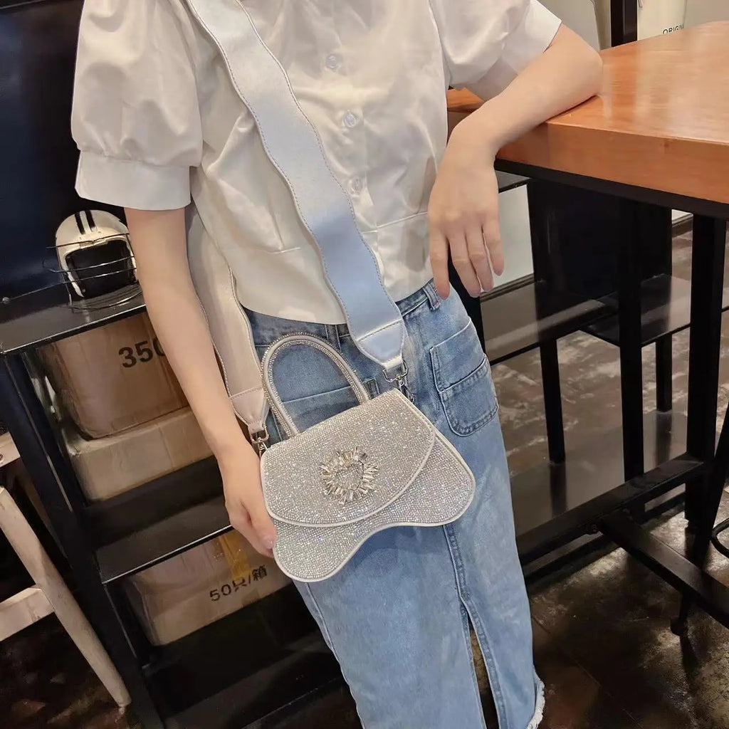 Luxury Women Handbag Glitter Shiny Rhinestones Diamonds Evening Bag Wedding Party Clutch Purse Wide Strap Shoulder Messenger Bag