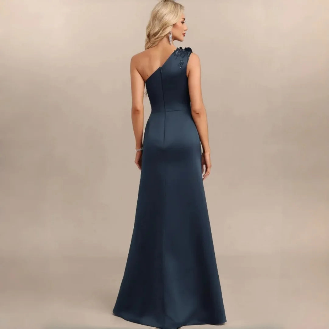 One Shoulder Satin Bridesmaid Dresses 3D Floral Applique Sequin High Slit Overskirt Formal Evening Maxi Gown Wedding Party Dress