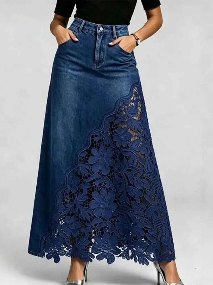 Women Denim Maxi Skirt High Waist Washed Lace Splicing Casual Streetwear Floral Hollow Pocket Summer 2026 New