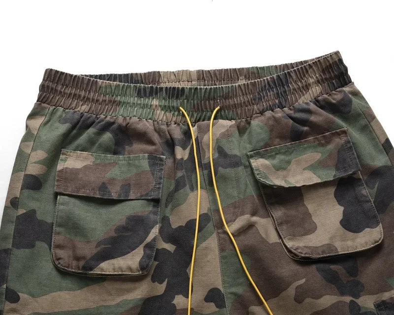 Summer New Fashion Men's Multi Pocket Camouflage Drawstring Jeans Knee Length Shorts Casual Trendy Loose Denim Cargo Shorts Male