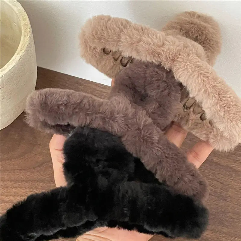 Soft Milk Coffee Color Series Imitation Fur Rabbit Fur Back Head Updo Hair Claw Warm Large Plush Shark Clip Barrettes Hair Claws