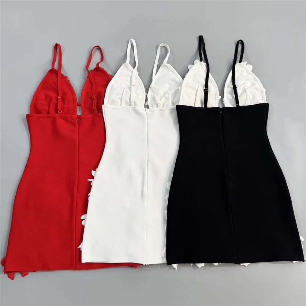 Women Simple 3D Floral Appliques Spaghetti Strap Bandage Dresses Deep V-Neck Backless Club Party Mini Dress