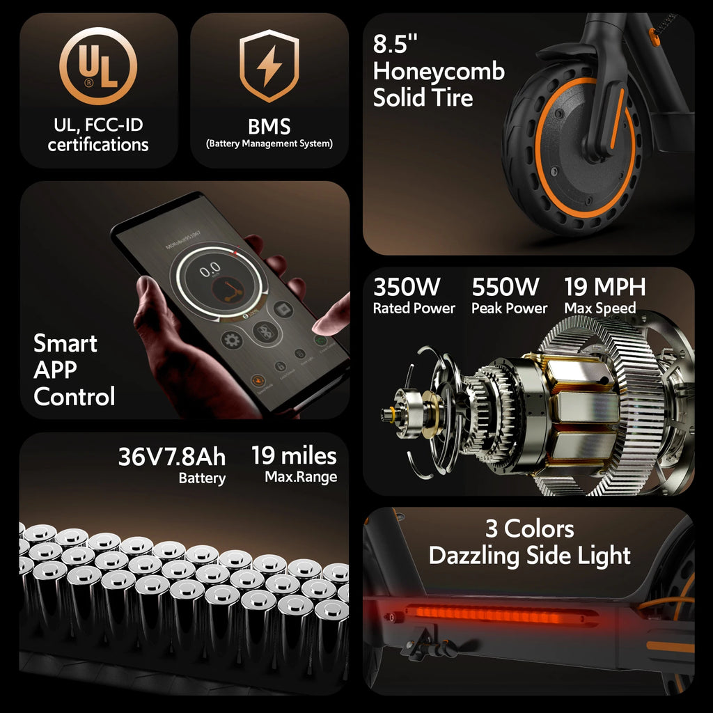 Electric scooters for adults, 8.5" Tire, Max 19 Miles and 19 Mph, 550W Foldable E Scooter with Side Light & APP