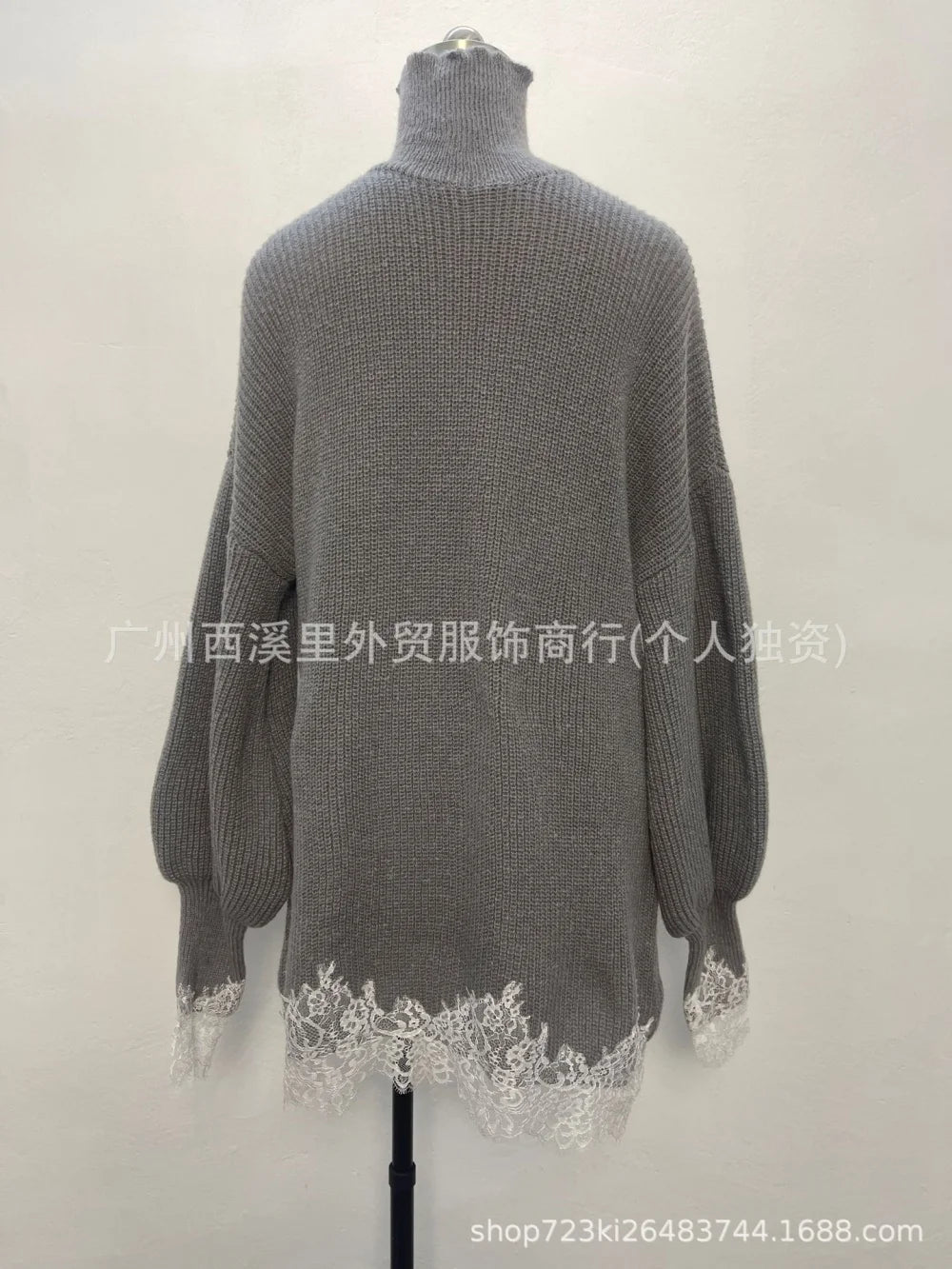 Fall Winter Women Oversized Turtleneck Knit Sweater Dress Lantern Long Sleeve Lace Trim Irregular Hem Loose Pullover Mini Dress