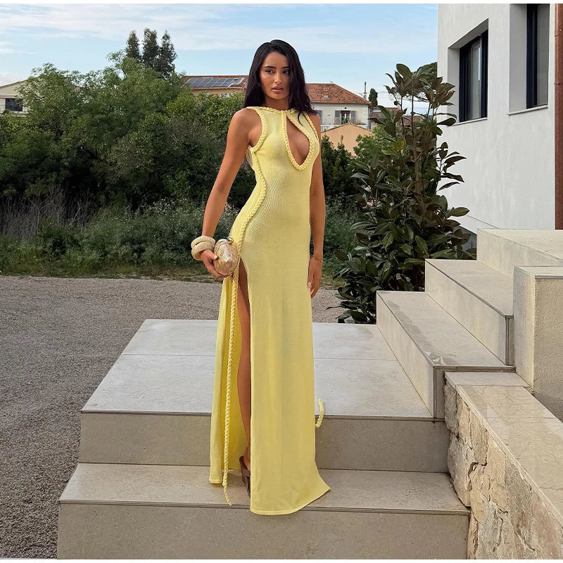 Women Solid Braided Trim Cutout Maxi Dress Sleeveless High Slit Bodycon Fit Gown 2026 Summer Elegant Evening Formal Party Outfit
