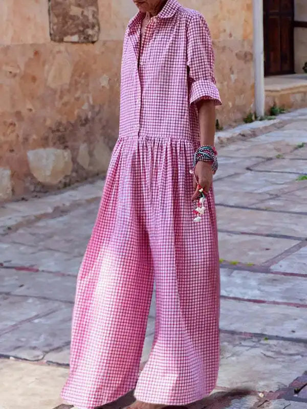 Women's Loose Casual Plaid Printed Jumpsuit Fashion Lapel Single Breasted Half Sleeve Wide Leg Jumpsuit Spring Autumn Lady New