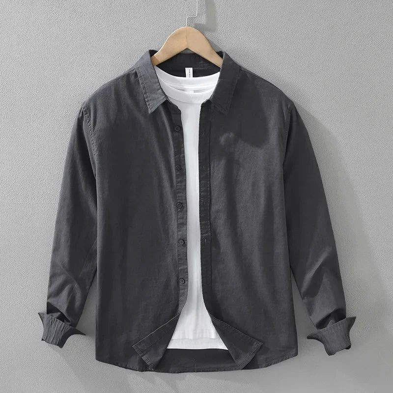 7369 Cotton Linen White Shirt for Men Good Quality Solid Color Simple Basic Long Sleeve Loose Casual Lapel Blouse Breathable Top