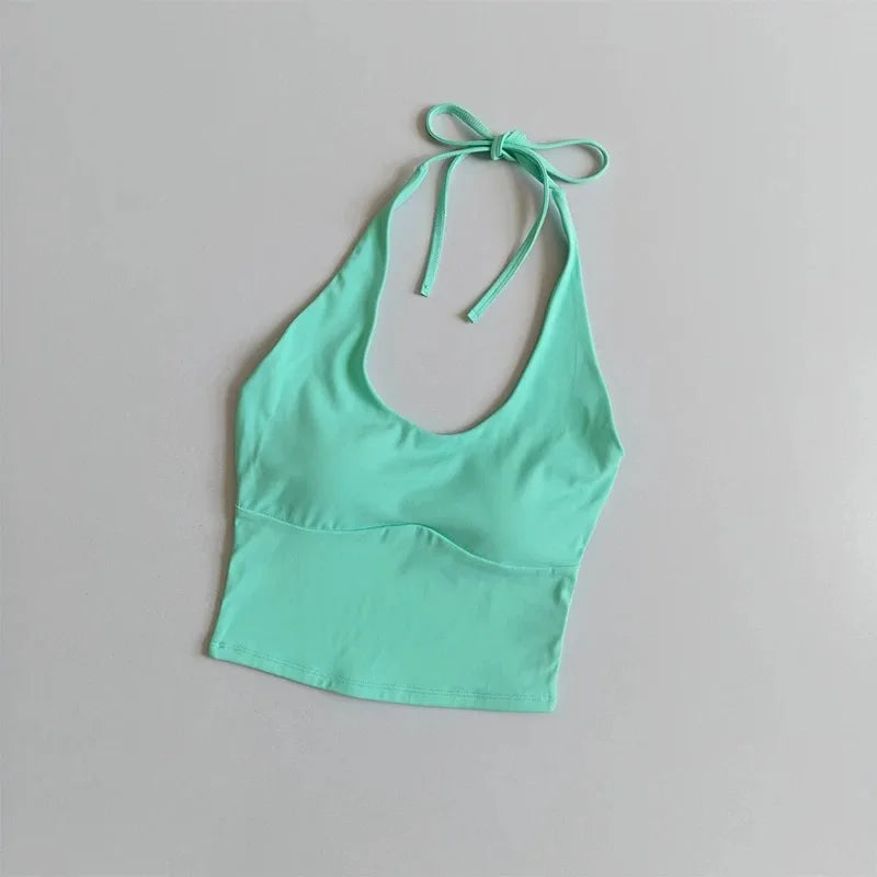 Women Halter Tie‑Up U‑Neck Yoga Sports Top Stylish Design Breathable Comfortable Integrated Fixed Cup Cropped Tank Top Fitness