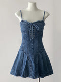 Sexy Mini Spaghetti Strap Lace-Up Jeans Dress Women 2024 New Trendy Summer Girls Dress Fashion Ripped Tassel Denim Dress Female