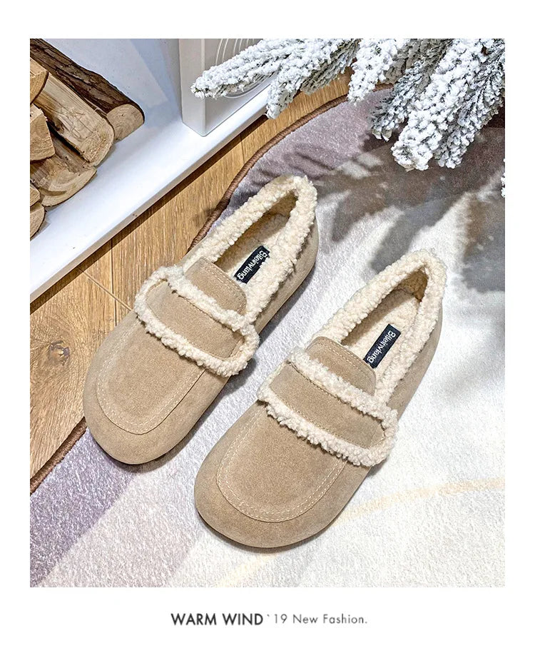 2026 Faux Suede Flats Women Lambswool Loafers Winter Warm Cotton Shoes Ladies Platform Fleeces Mocasines Female Sheep Fur Boots