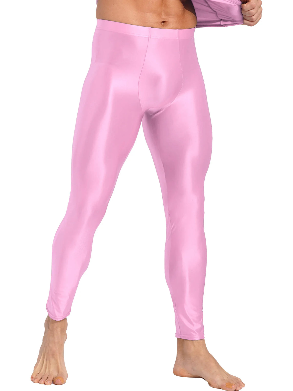 Men Elastic Waistband Skinny Shiny Yoga Tights Pants Solid Color Leggings Exercise Running Gym Fitness Training Sportswear