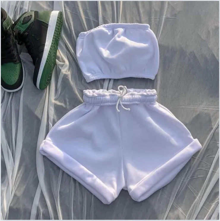 Thin Summer New Solid Color Lace Up Tracksuits Women Sleeveless Backless Tube And Shorts Two Piece Sets Casual 2pcs Outfits